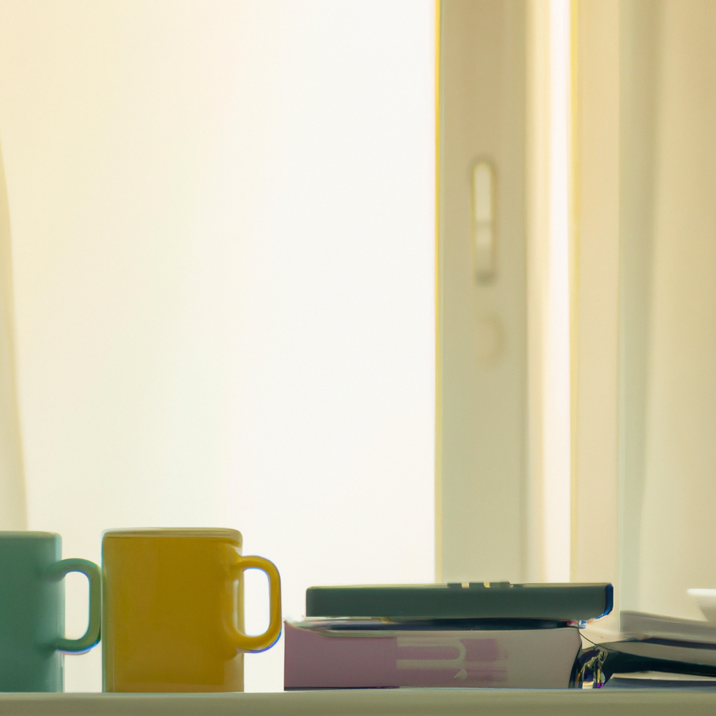 Small research group with notebooks and mugs in soft light
