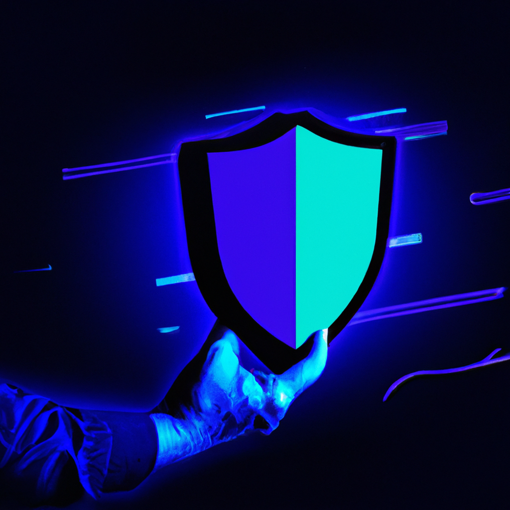 Hand holding shield representing data protection with neon lines on dark background
