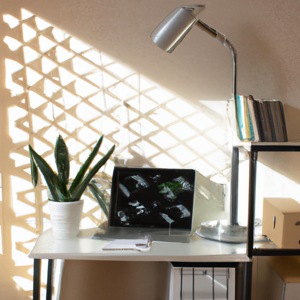 Minimal modern office desk with sunlight and green plant